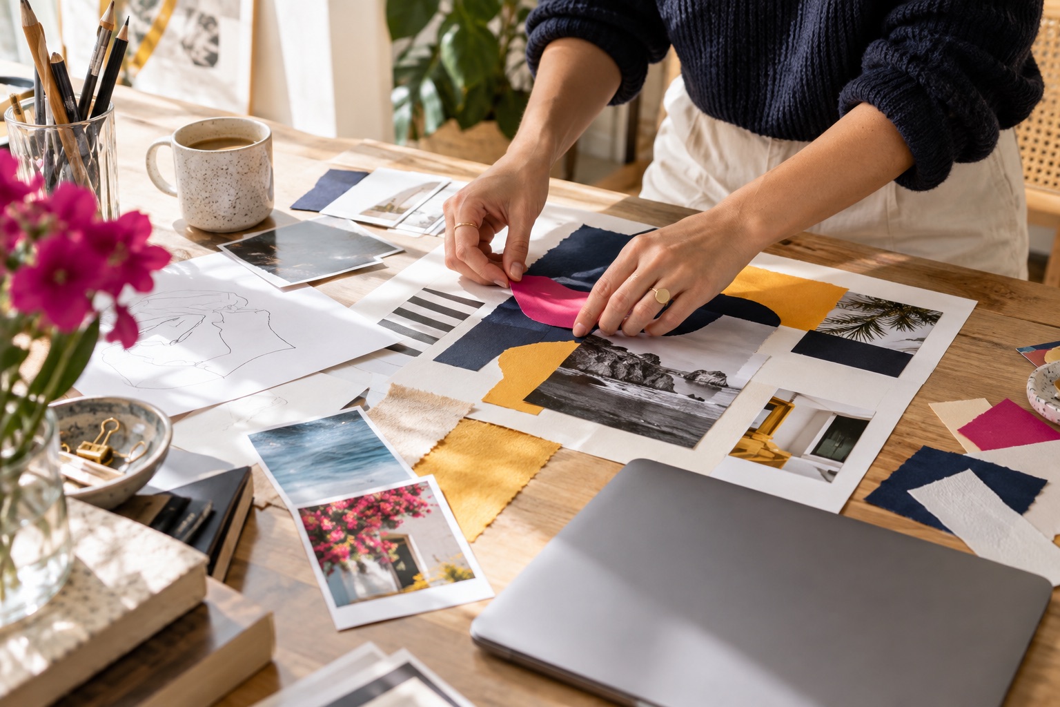 A maker arranging sketches, photographs and coloured paper