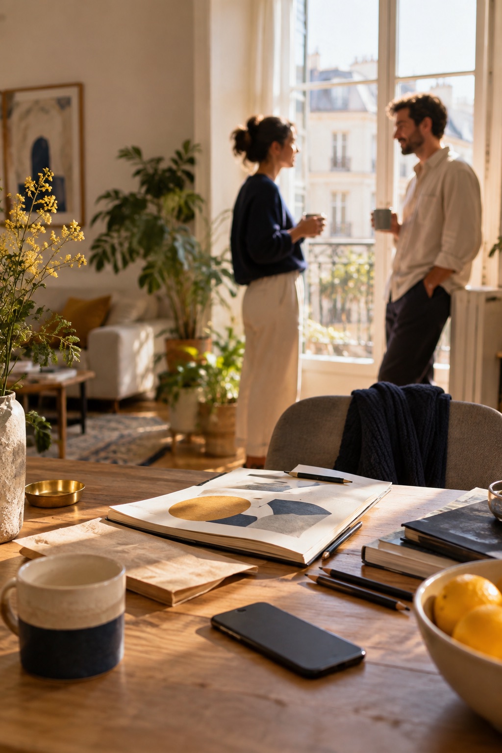 A sunlit home with ideas on the table and two people in conversation
